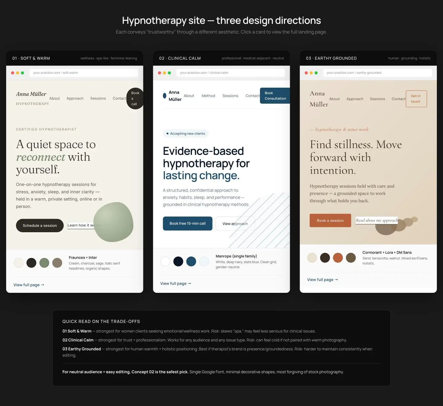 Hypnotherapy — Design Directions: the whole home page, captured 17 October 2026